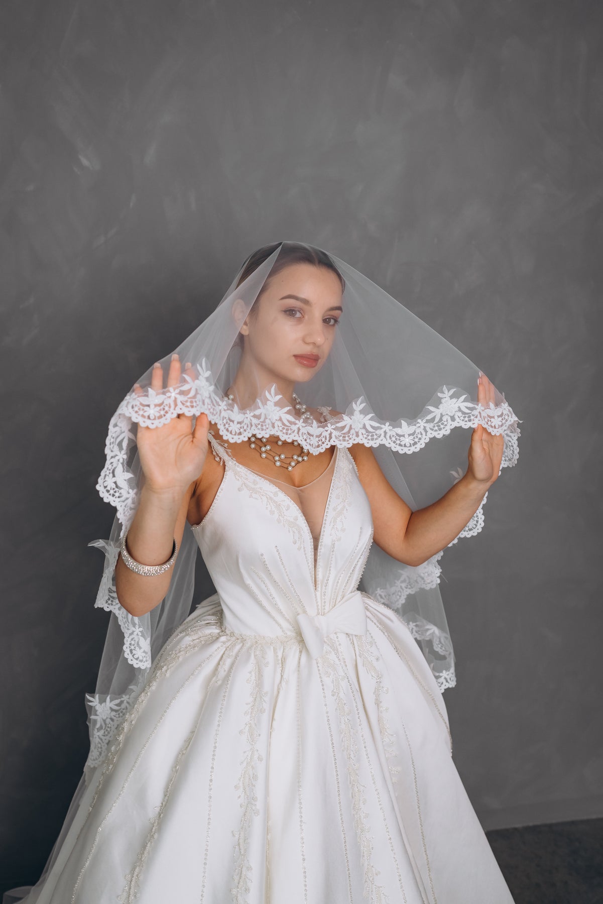 2 Tiers Wedding Veil with Spanish Lace fixed on a Comb