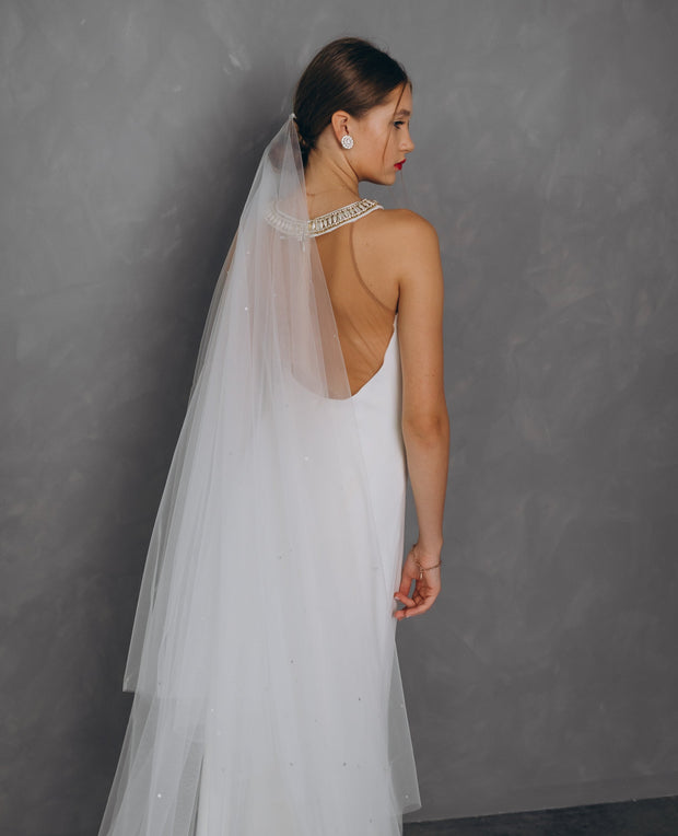 Two Tier Wedding Veil with Blusher. Embroidered with Crystals