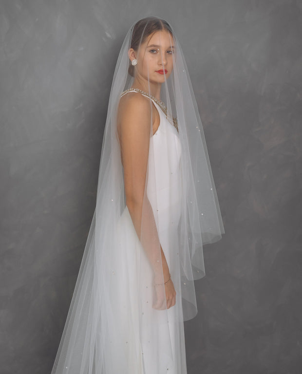 Two Tier Wedding Veil with Blusher. Embroidered with Crystals