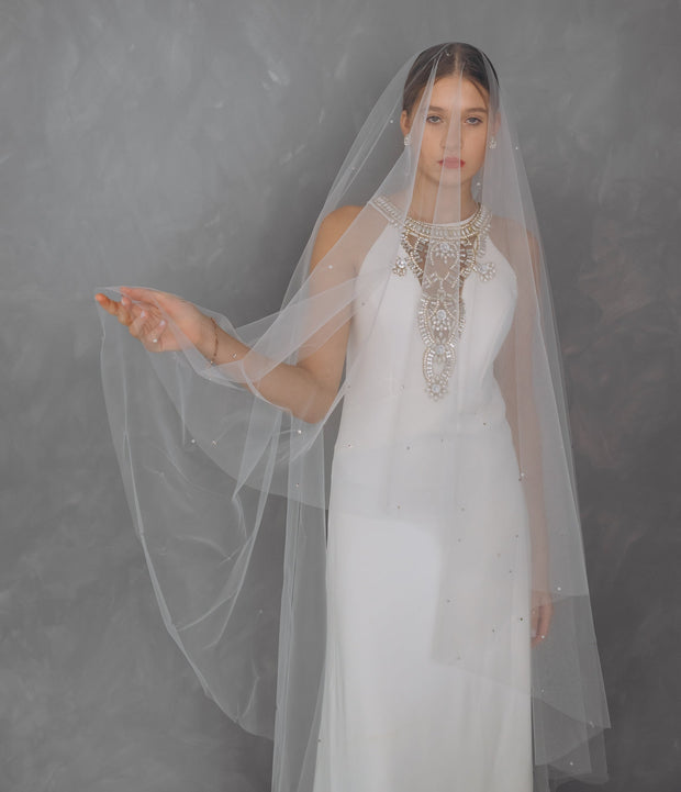 Two Tier Wedding Veil with Blusher. Embroidered with Crystals