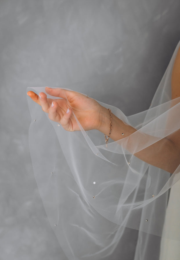 Two Tier Wedding Veil with Blusher. Embroidered with Crystals