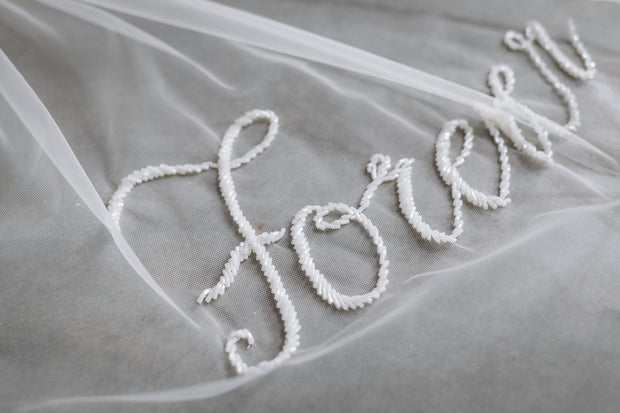 Wedding Veil with Beads Embroidered Phrases, Words, Initials