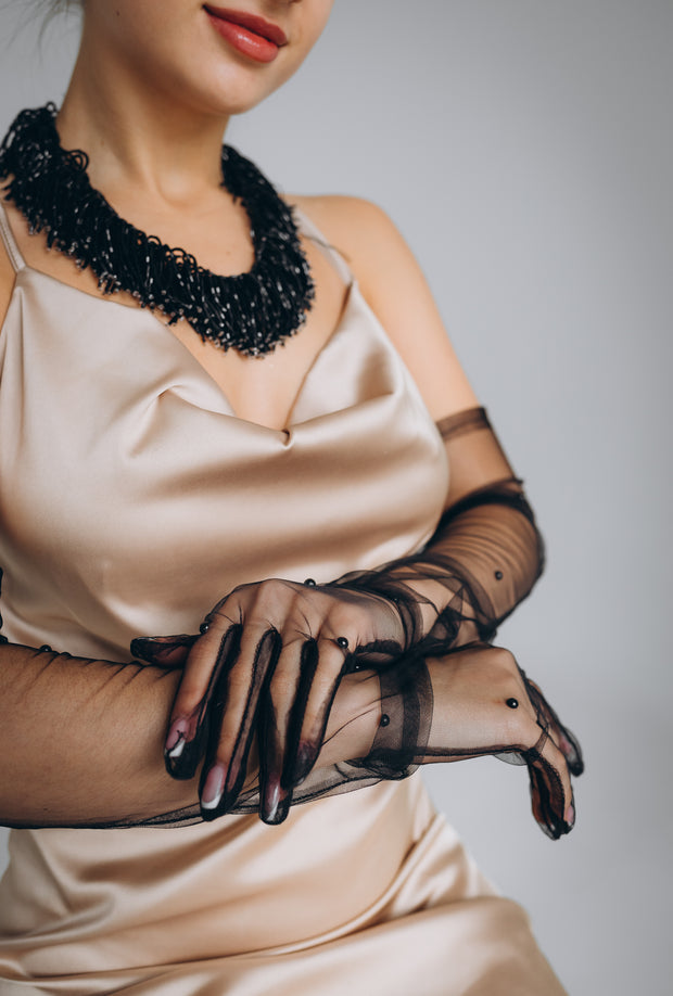 Black Tulle Gloves With Black Pearls
