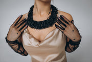 Black Tulle Gloves With Black Pearls