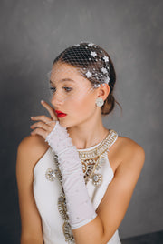 Birdcage Veil With Pearls And Little Flowers On The Two Combs