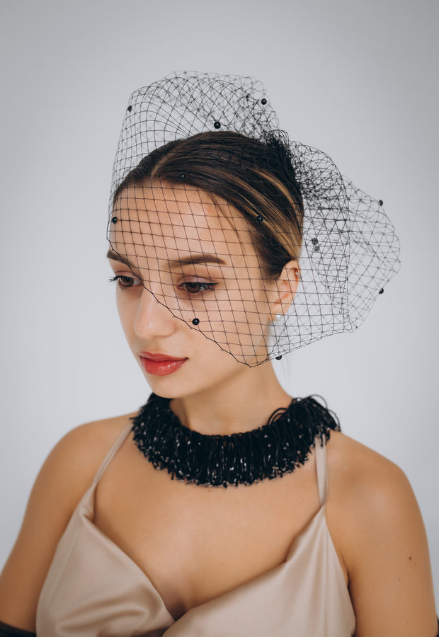 Black Birdcage Veil With Pearls On The Comb.