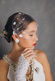 Birdcage Veil With Pearls And Little Flowers On The Two Combs