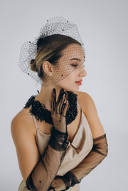 Black Birdcage Veil With Pearls On The Comb.