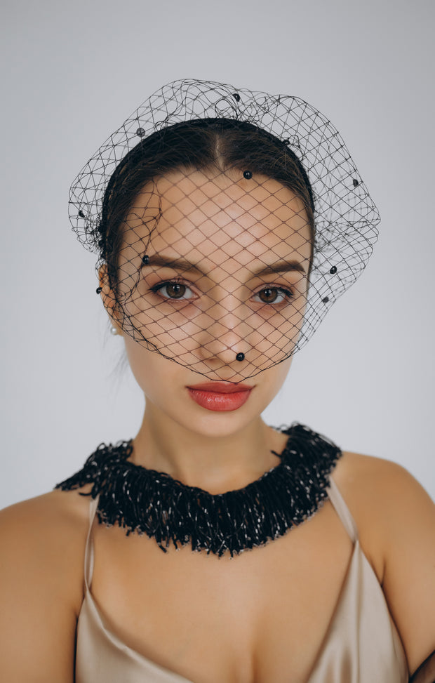 Black Birdcage Veil with Pearls on a Hoop