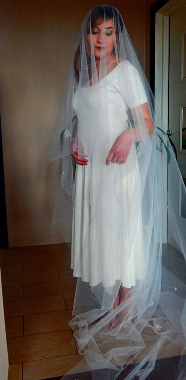 Long Wedding Veil, embroidered with beads, sequins, pearls.