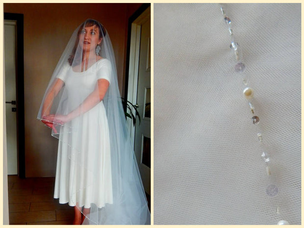 Wedding veil with beads, pearls, cathedral veil for bride.