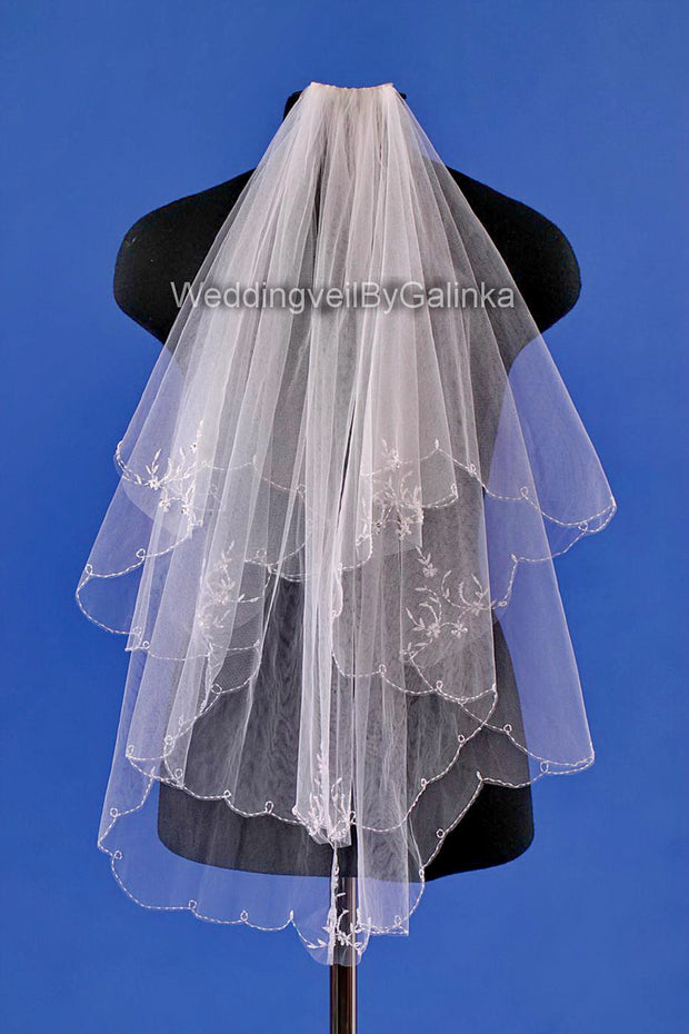 Wedding veil, embroidered with beads, sequins, rhinestones.