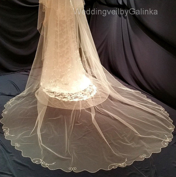 Cathedral wedding veil for bride, embroidered beads.