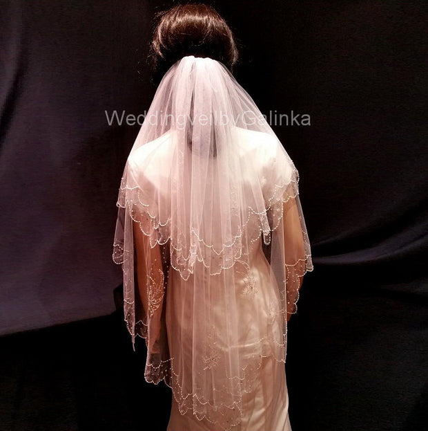 Veil wedding veil with crystals, two tier veil, embroidered.