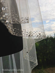 Wedding veil, embroidered with beads, bugles, rhinestones, pearls, sequins.