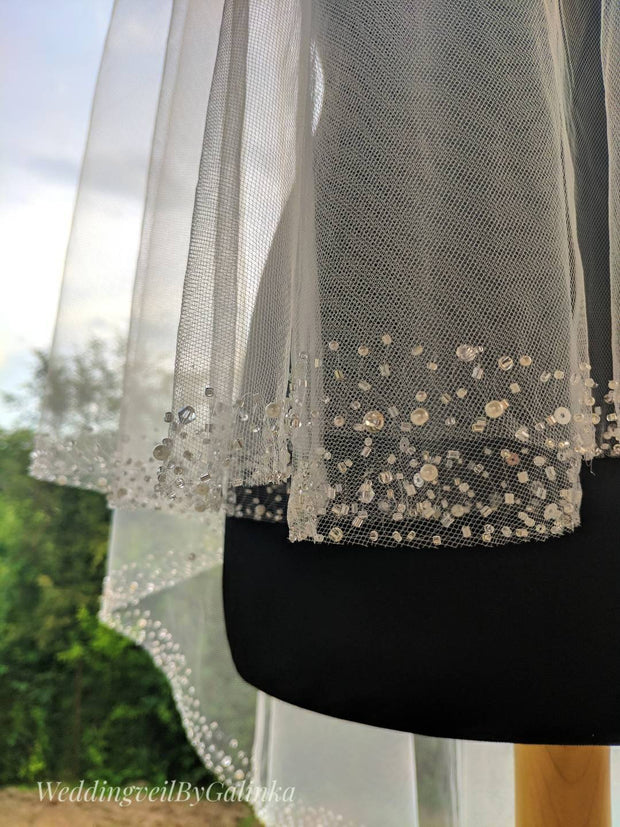 Wedding veil, embroidered with beads, bugles, rhinestones, pearls, sequins.