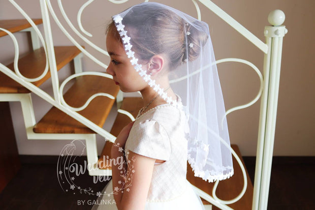 Veil for the girl, for the first holy communion.  Veil with lace edge.