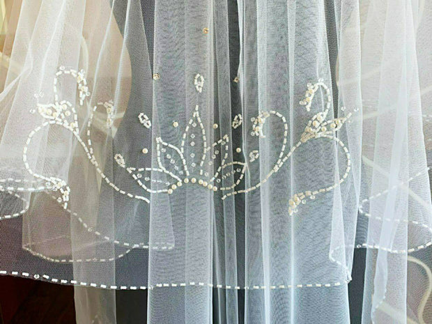 Wedding veil, embroidered with beads, bugles, rhinestones.