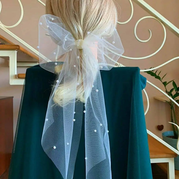 Pearl tulle bow for bride, bow for girl. Pearl bow in hair