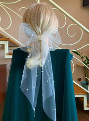 Pearl tulle bow for bride, bow for girl. Pearl bow in hair
