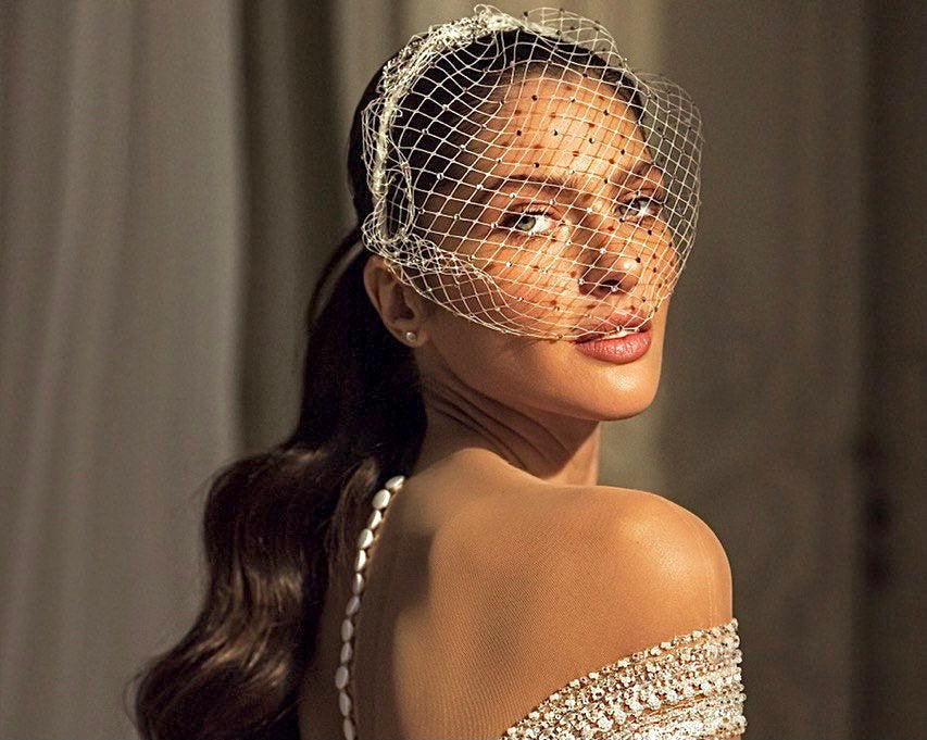 Nestina Birdcage Headband Veil with Pearls and Crystal beading-SOLEIL Style 21028 Ivory