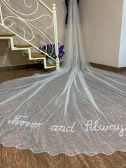 Custom Wedding Veil with wave edge. Words, letters embroidered.