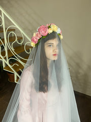 Wedding veil with colorful roses and a wreath. All flowers are handmade with ecological materials.
