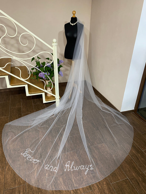 Custom handmade wedding veil embroidered with phrase.