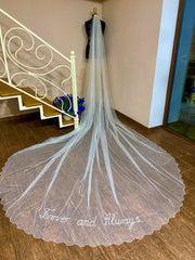 Custom Wedding Veil with wave edge. Words, letters embroidered.