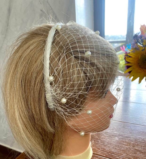 Birdcage veil with pearls on headband. French veil netting headpiece.