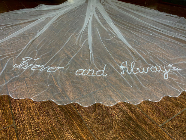 Custom Wedding Veil with wave edge. Words, letters embroidered.