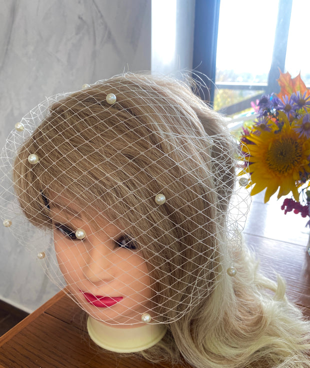 Birdcage veil with pearls on headband. French veil netting headpiece.