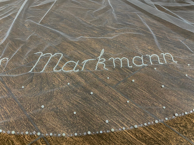 Personalized wedding veil with pearls. Beaded letters, words, phrases on a veil.
