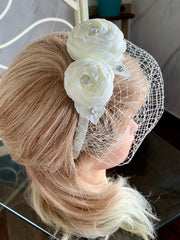 Hat veil on the headband decorated with roses and rhinestones.